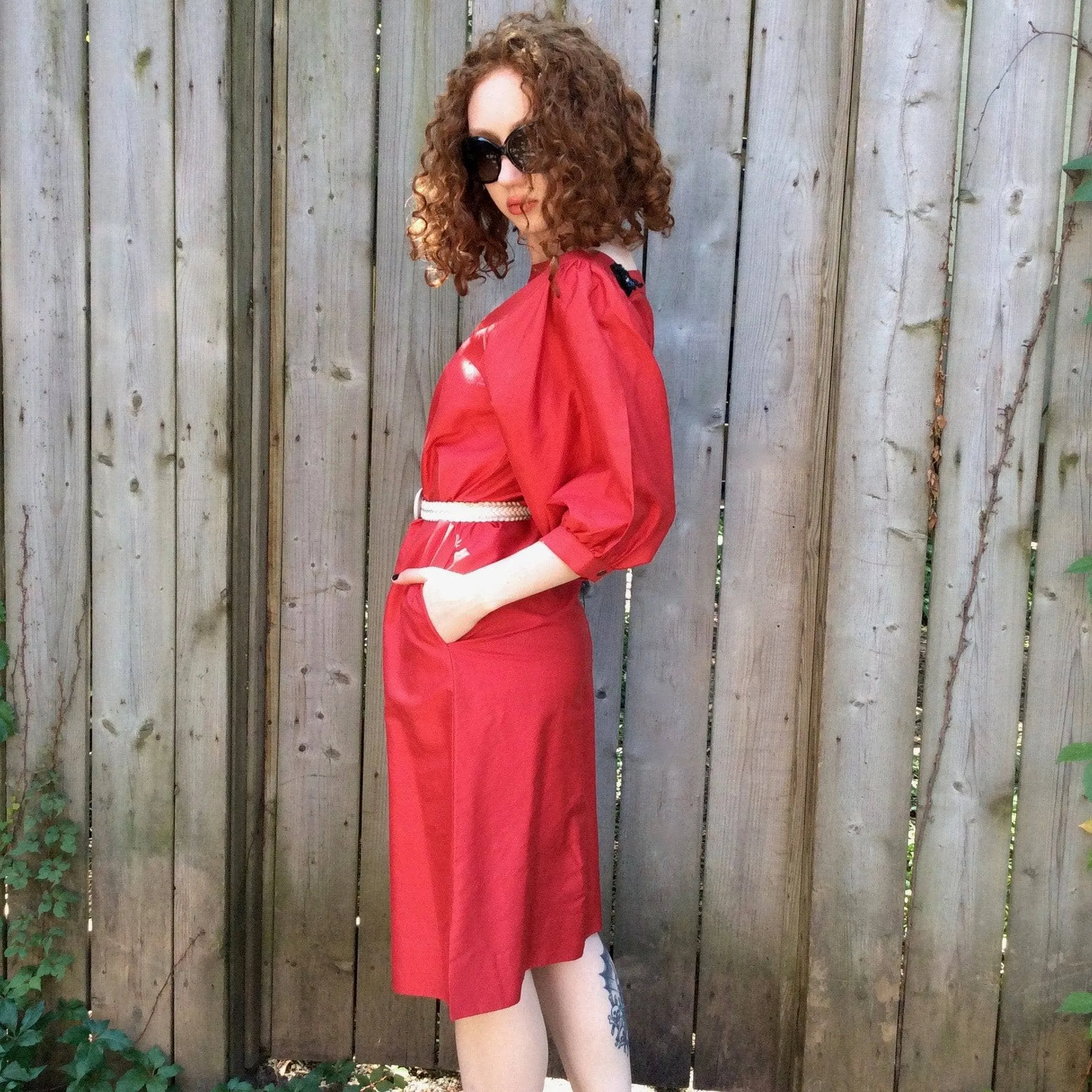 Puffy Sleeve Red Silk Midi Dress Small/Medium