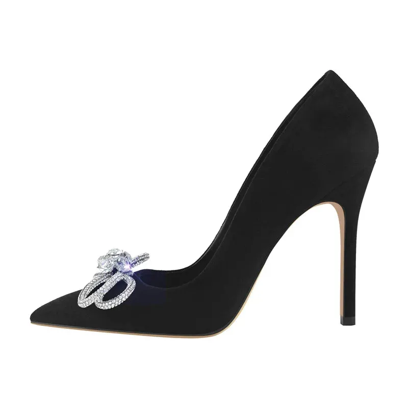 Pumps Pointed Toe Shiny Crystal Butterfly-knot High Heels Shoes