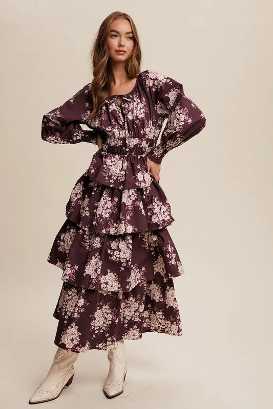 Red Bean Floral Tiered Maxi Dress