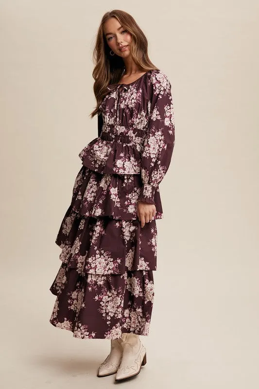 Red Bean Floral Tiered Maxi Dress