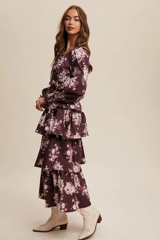 Red Bean Floral Tiered Maxi Dress