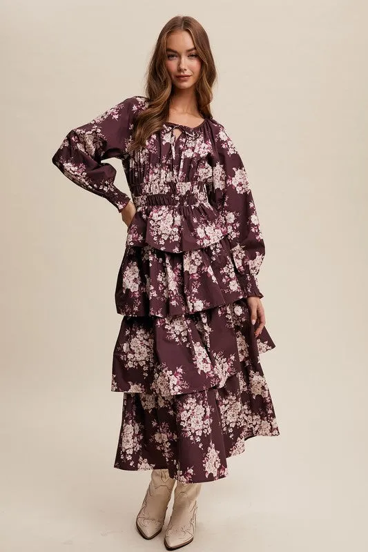 Red Bean Floral Tiered Maxi Dress