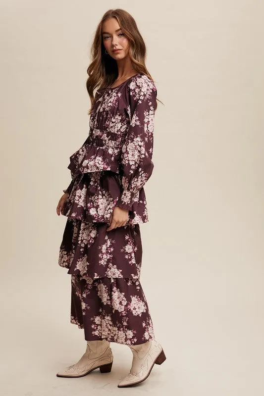 Red Bean Floral Tiered Maxi Dress