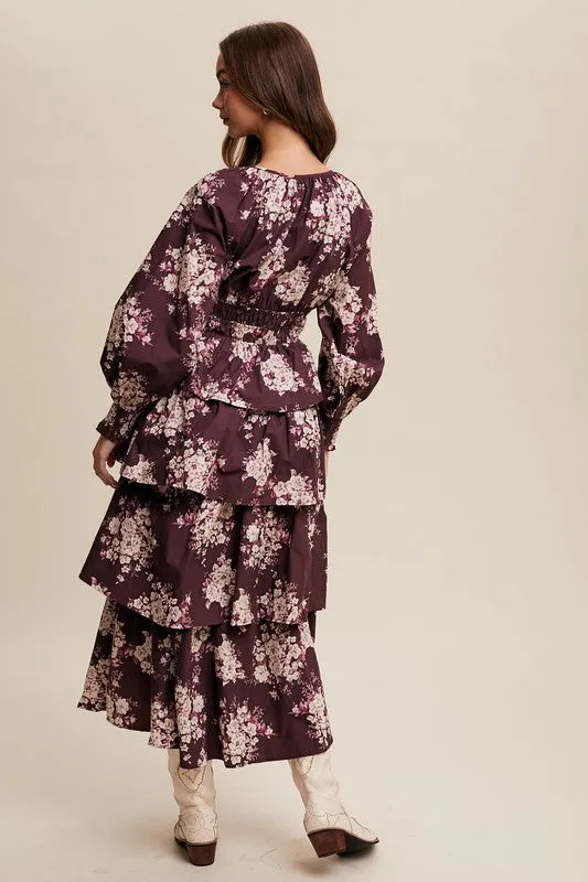 Red Bean Floral Tiered Maxi Dress