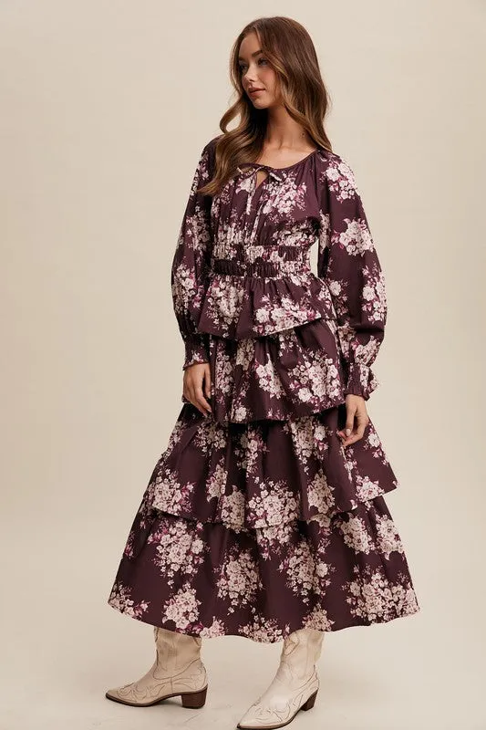 Red Bean Floral Tiered Maxi Dress