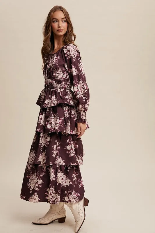 Red Bean Floral Tiered Maxi Dress