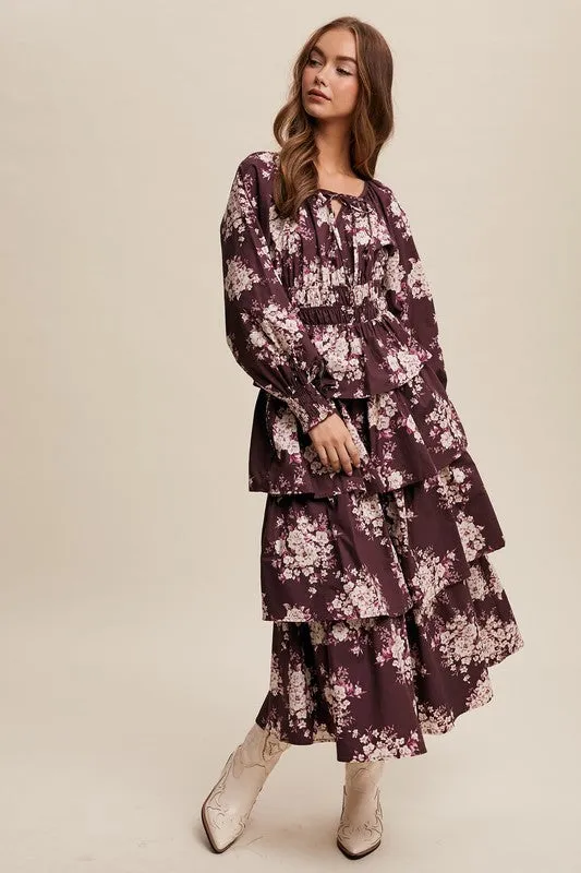 Red Bean Floral Tiered Maxi Dress