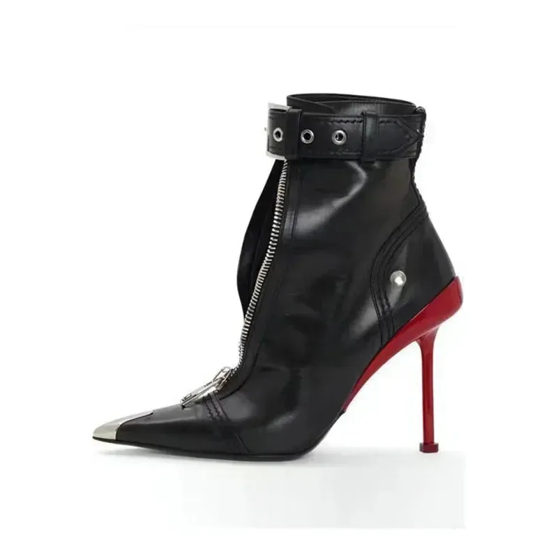 Red Pointed Toe Ankle Boots for Women - Belt Buckle, Front Zipper, Metal Decoration, High Heel Fashion Booties for Autumn/Winter