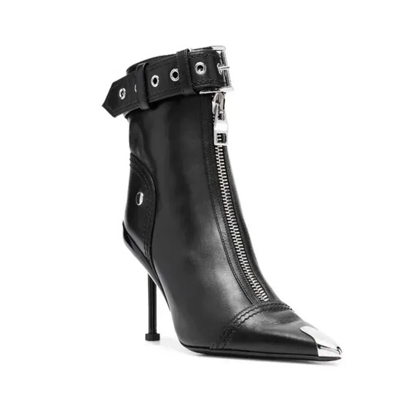 Red Pointed Toe Ankle Boots for Women - Belt Buckle, Front Zipper, Metal Decoration, High Heel Fashion Booties for Autumn/Winter