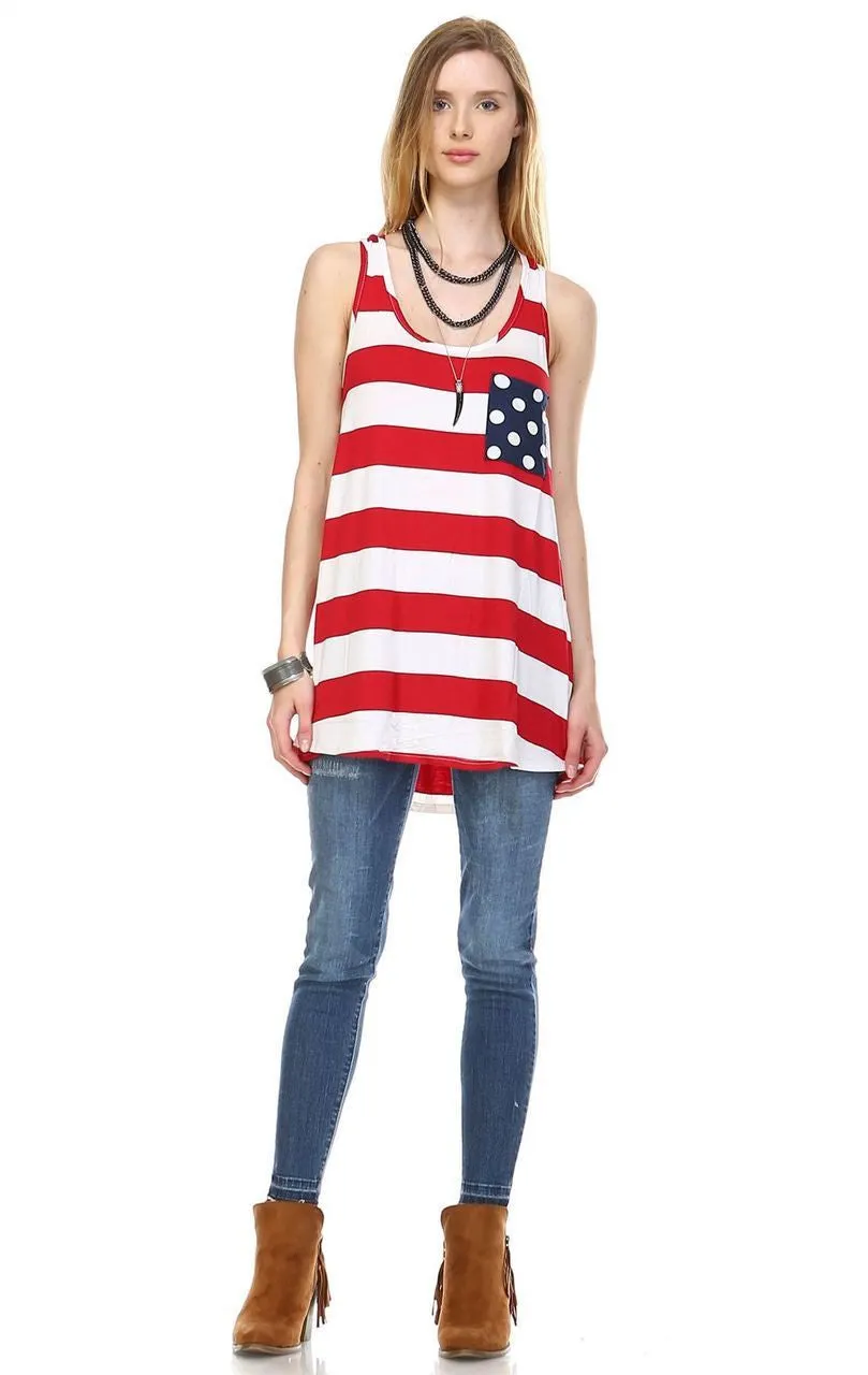 Red Stripe Tank Top with Navy Polka Dot Pocket