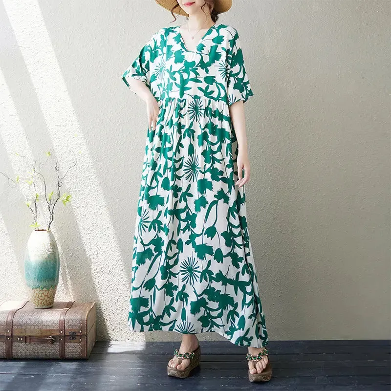 Retro Maxi Dress for Women Vibe Cotton Maxi Dress in Artistic Print