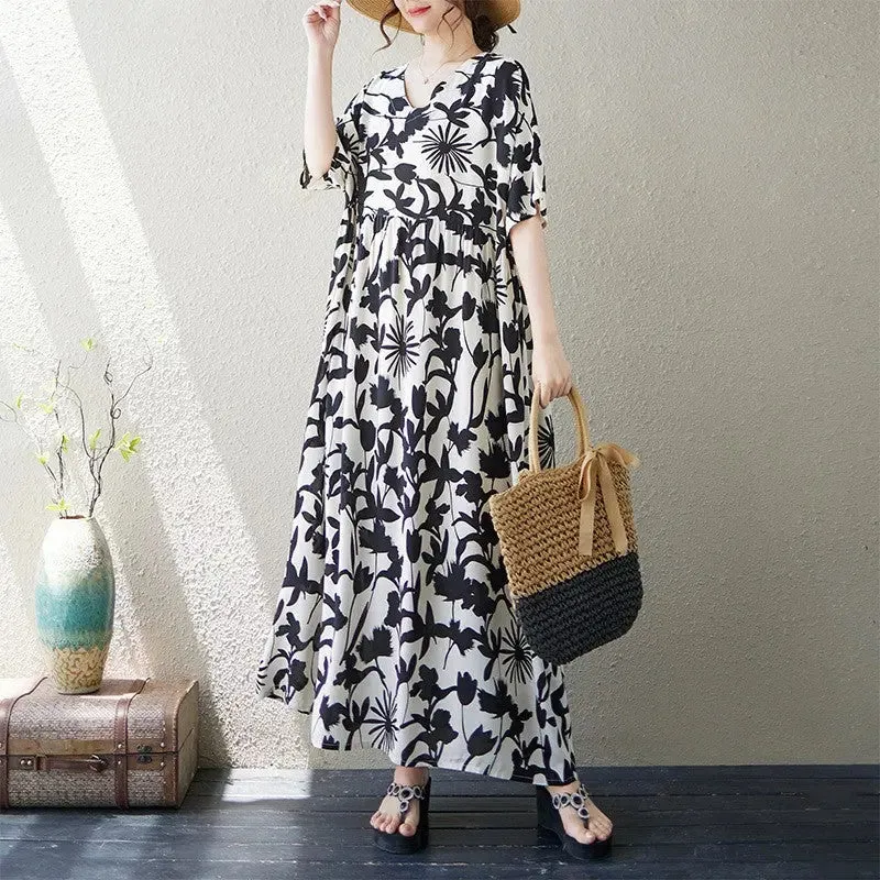 Retro Maxi Dress for Women Vibe Cotton Maxi Dress in Artistic Print