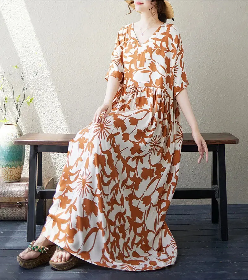 Retro Maxi Dress for Women Vibe Cotton Maxi Dress in Artistic Print