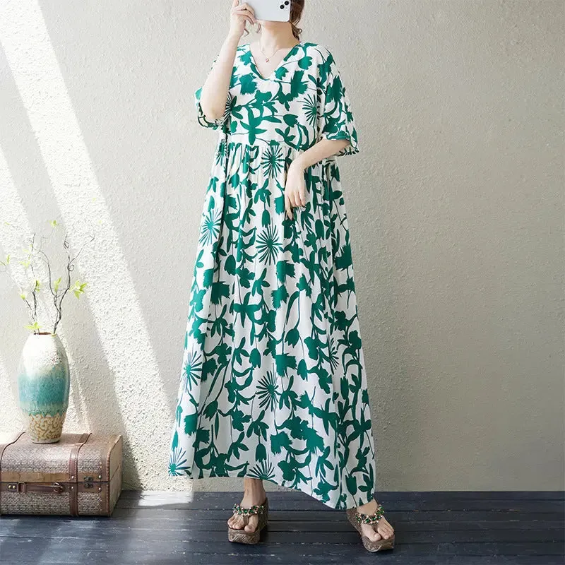 Retro Maxi Dress for Women Vibe Cotton Maxi Dress in Artistic Print