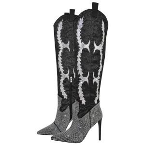 Rhinestone Over The Knee Pointed Toe Boots Lady High Heels Side Zipper Sparkly Winter Boots