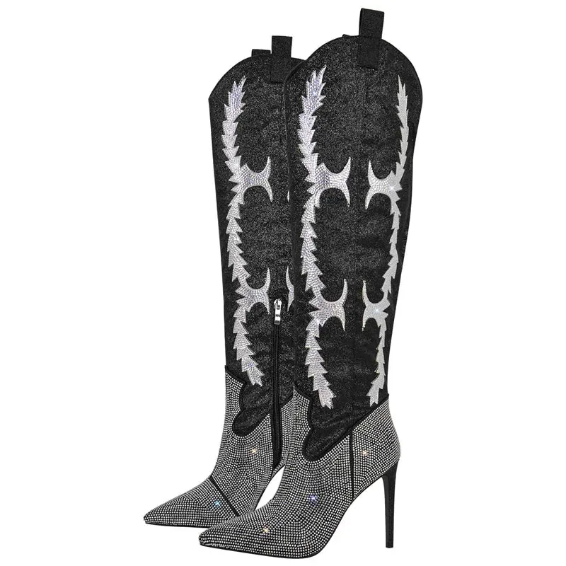 Rhinestone Over The Knee Pointed Toe Boots Lady High Heels Side Zipper Sparkly Winter Boots