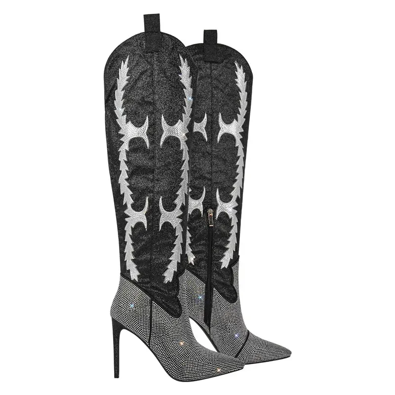 Rhinestone Over The Knee Pointed Toe Boots Lady High Heels Side Zipper Sparkly Winter Boots