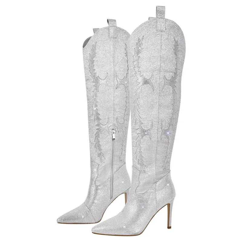 Rhinestone Over The Knee Pointed Toe Boots Lady High Heels Side Zipper Sparkly Winter Boots