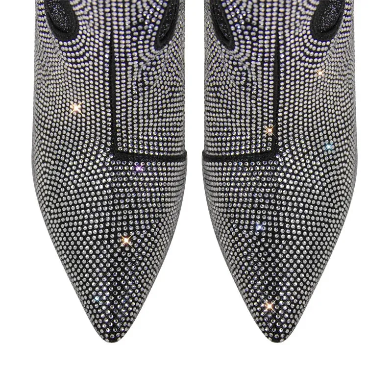 Rhinestone Over The Knee Pointed Toe Boots Lady High Heels Side Zipper Sparkly Winter Boots
