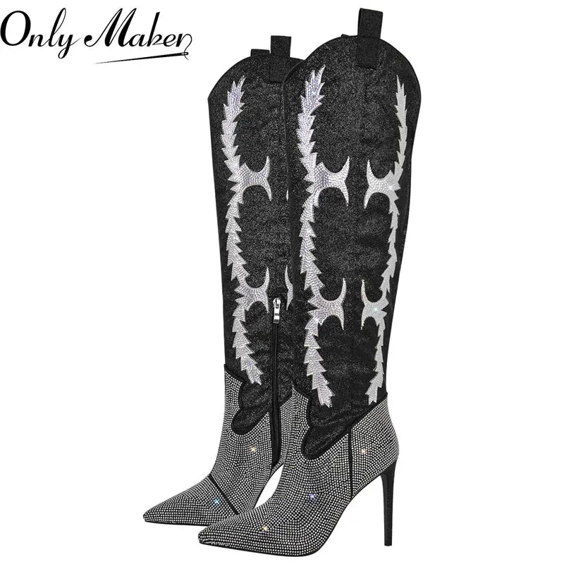 Rhinestone Over The Knee Pointed Toe Boots Lady High Heels Side Zipper Sparkly Winter Boots