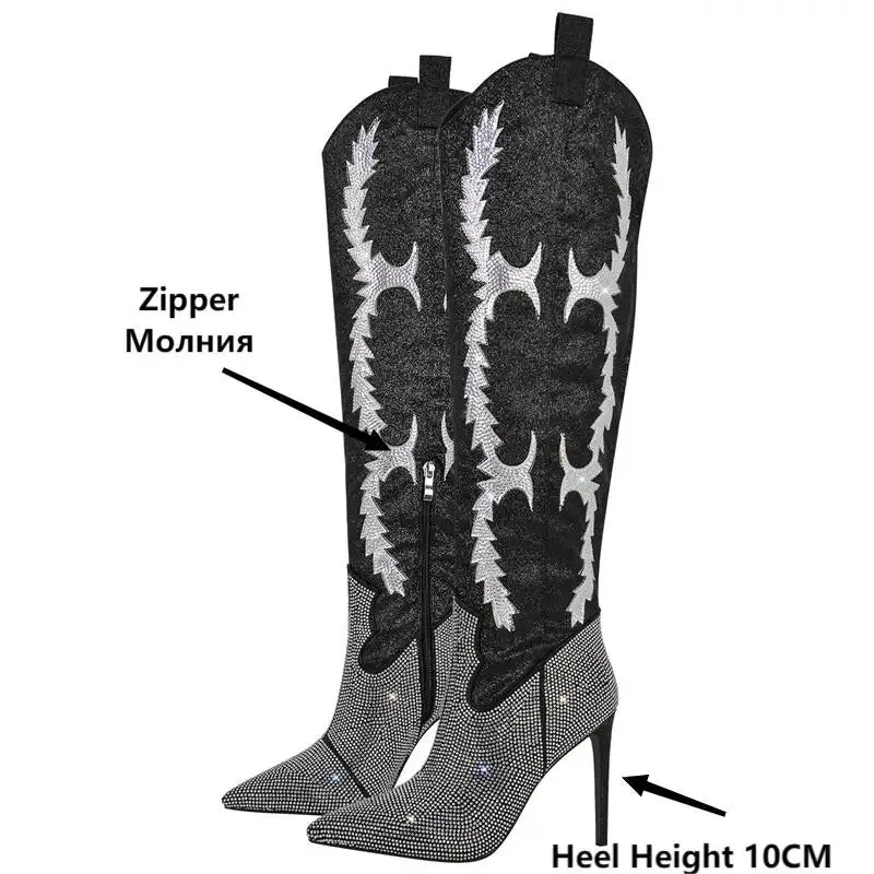 Rhinestone Over The Knee Pointed Toe Boots Lady High Heels Side Zipper Sparkly Winter Boots