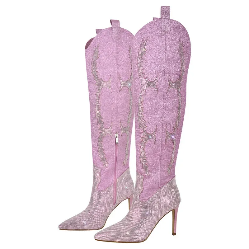 Rhinestone Over The Knee Pointed Toe Boots Lady High Heels Side Zipper Sparkly Winter Boots