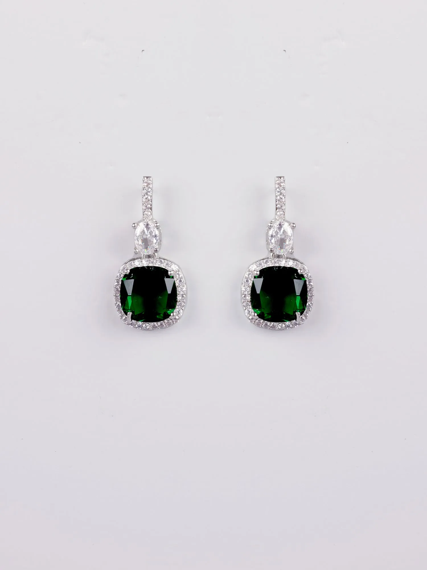 Rhodium Plated Green and White American Diamond Necklace Set with Earrings
