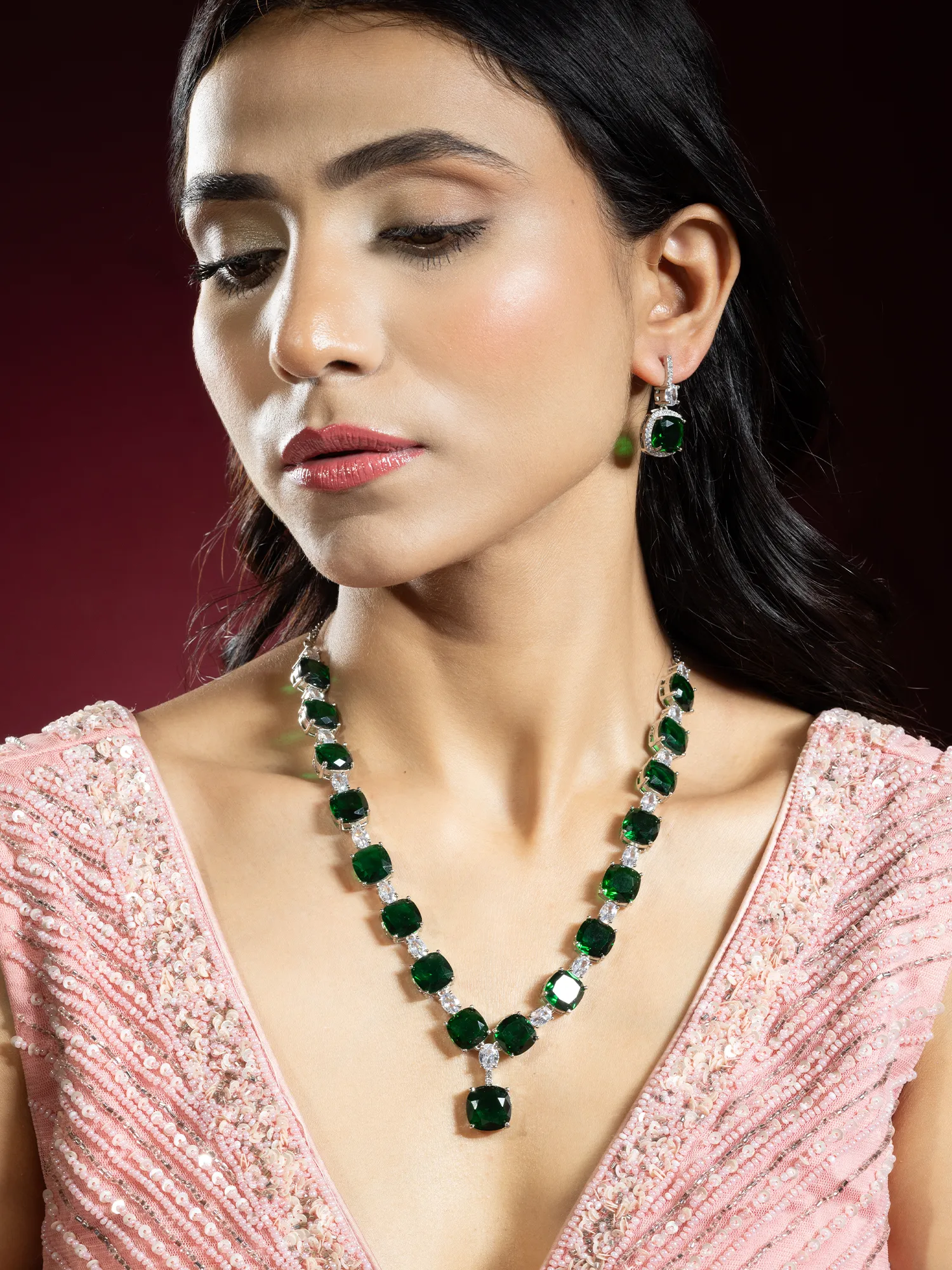 Rhodium Plated Green and White American Diamond Necklace Set with Earrings