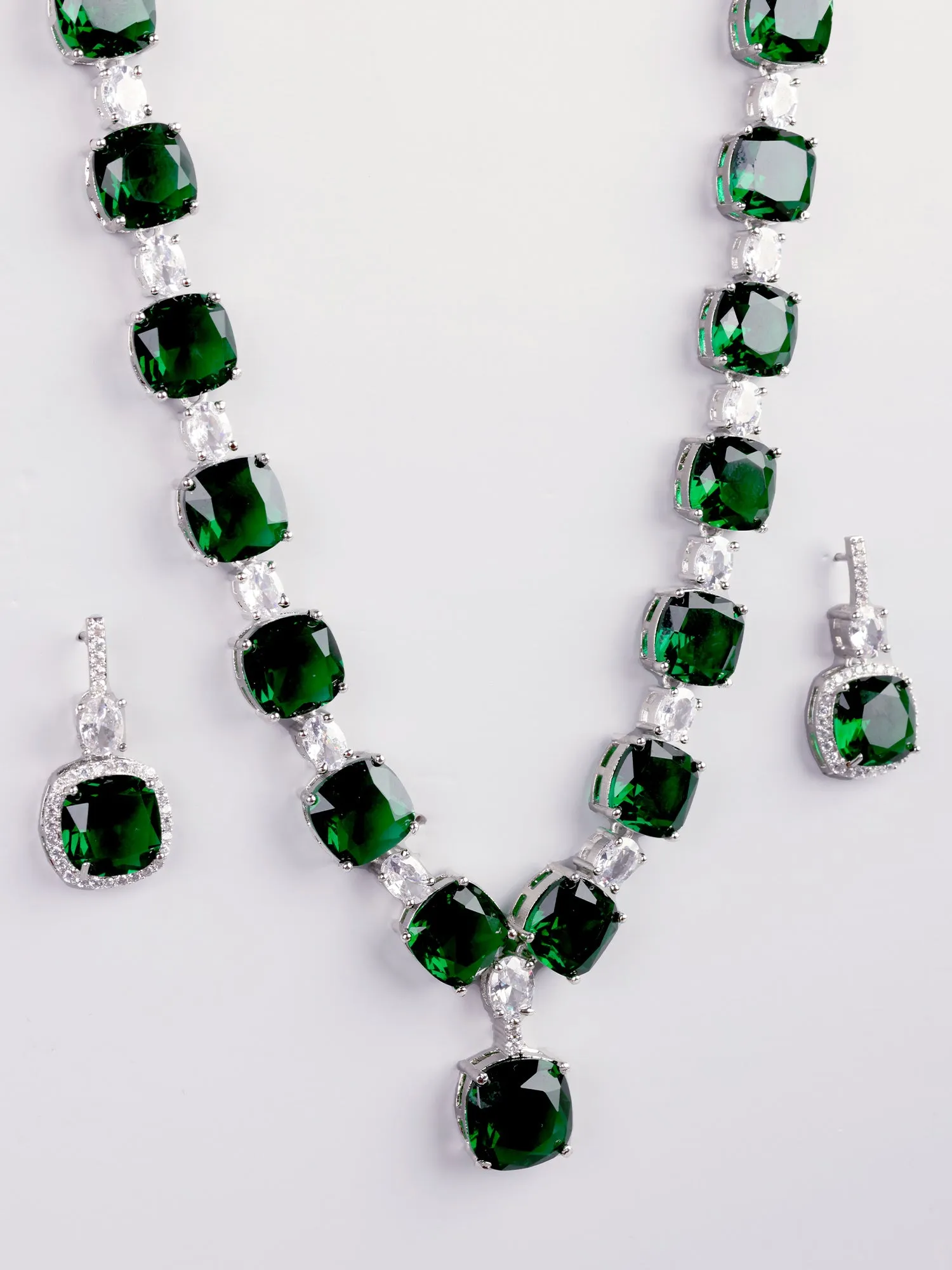 Rhodium Plated Green and White American Diamond Necklace Set with Earrings
