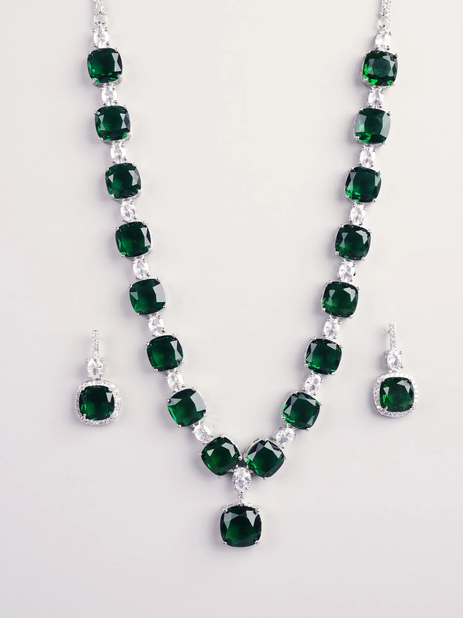 Rhodium Plated Green and White American Diamond Necklace Set with Earrings
