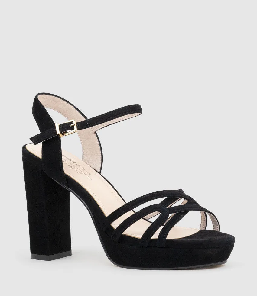 RIA100 Strappy Platform Sandal in Black Suede