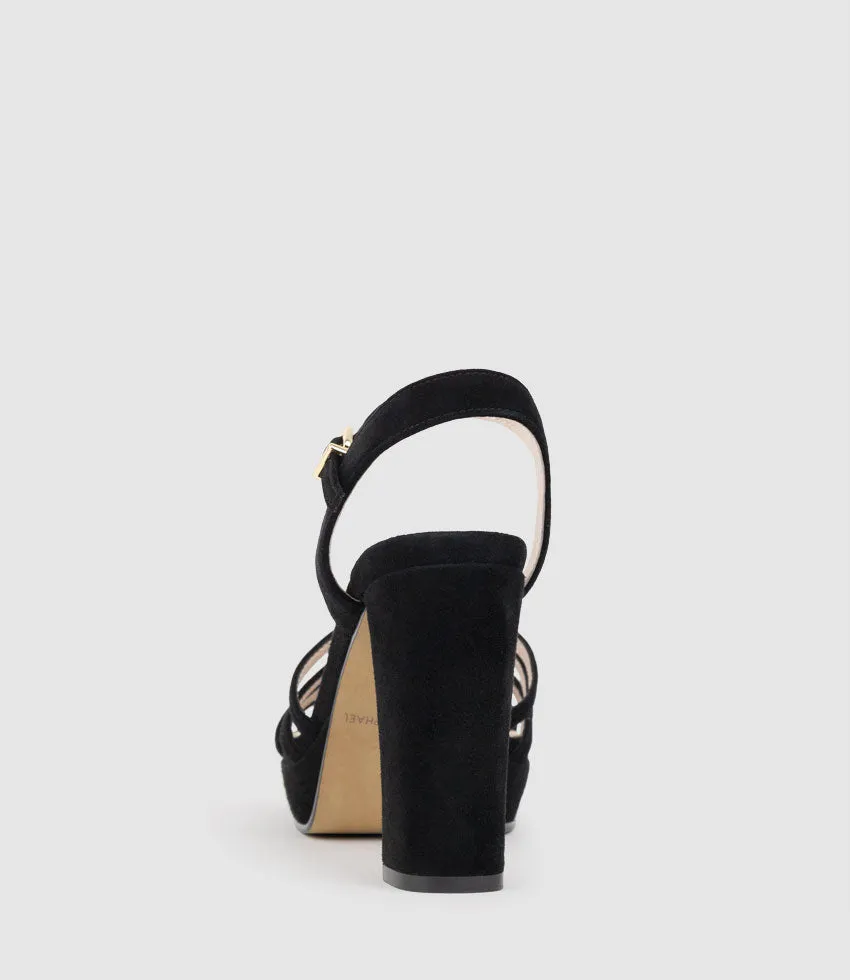 RIA100 Strappy Platform Sandal in Black Suede