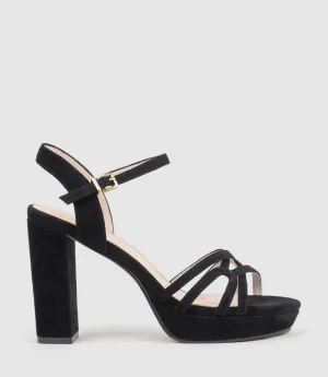 RIA100 Strappy Platform Sandal in Black Suede
