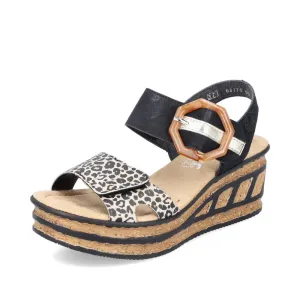 Rieker Women's Heeled Wedge Sandals- Black Combi