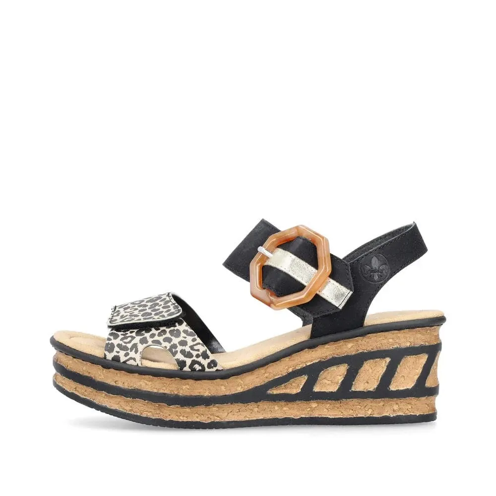 Rieker Women's Heeled Wedge Sandals- Black Combi