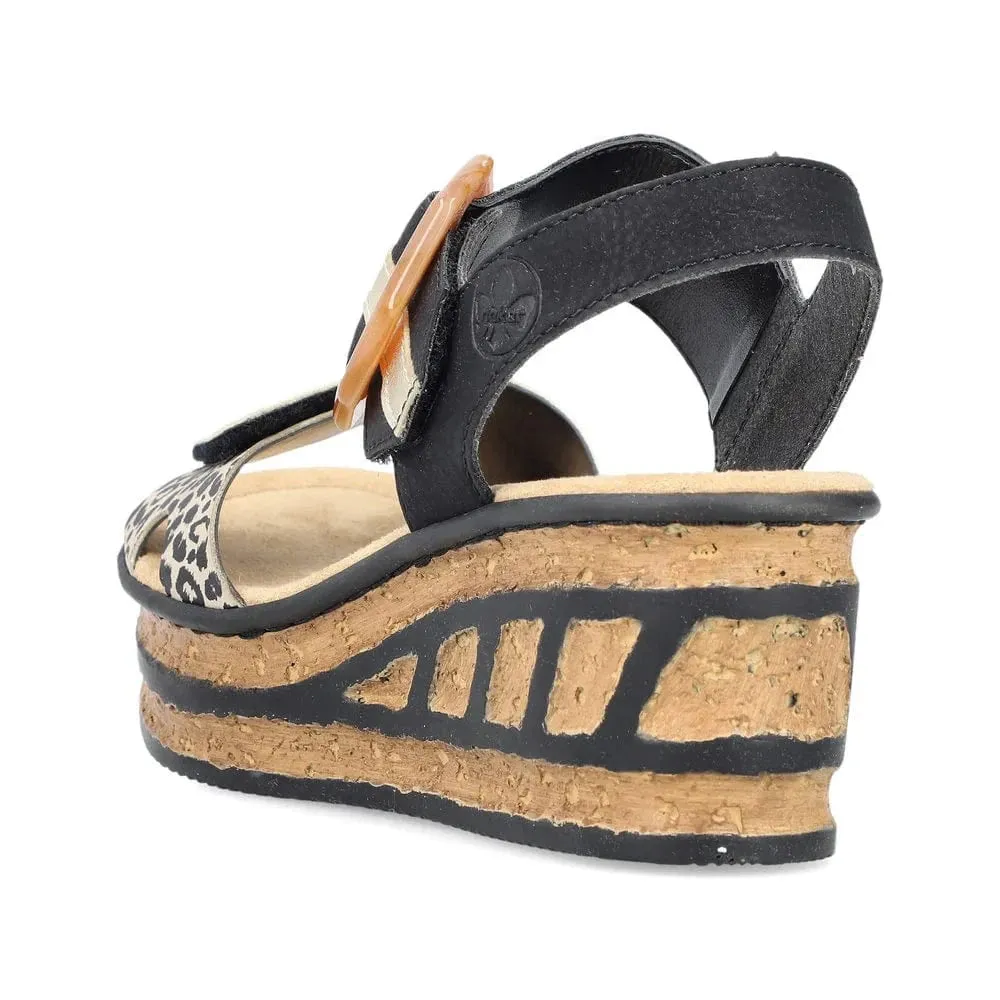 Rieker Women's Heeled Wedge Sandals- Black Combi