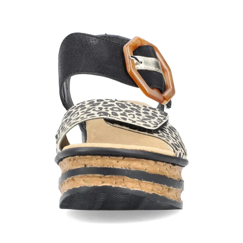 Rieker Women's Heeled Wedge Sandals- Black Combi