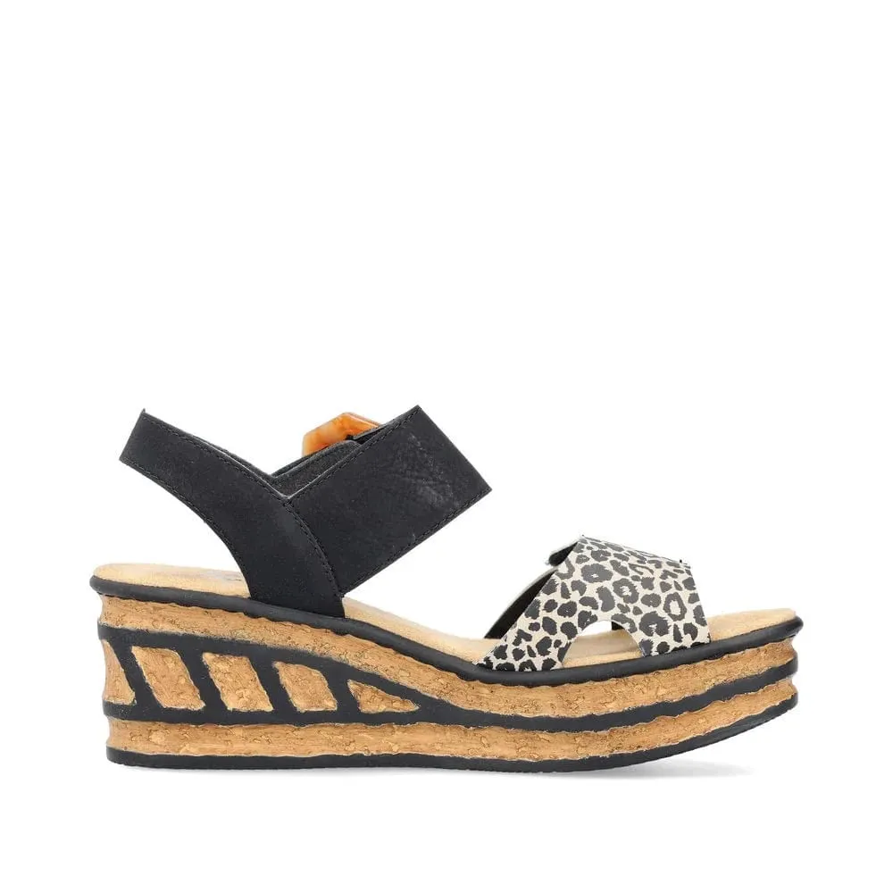 Rieker Women's Heeled Wedge Sandals- Black Combi