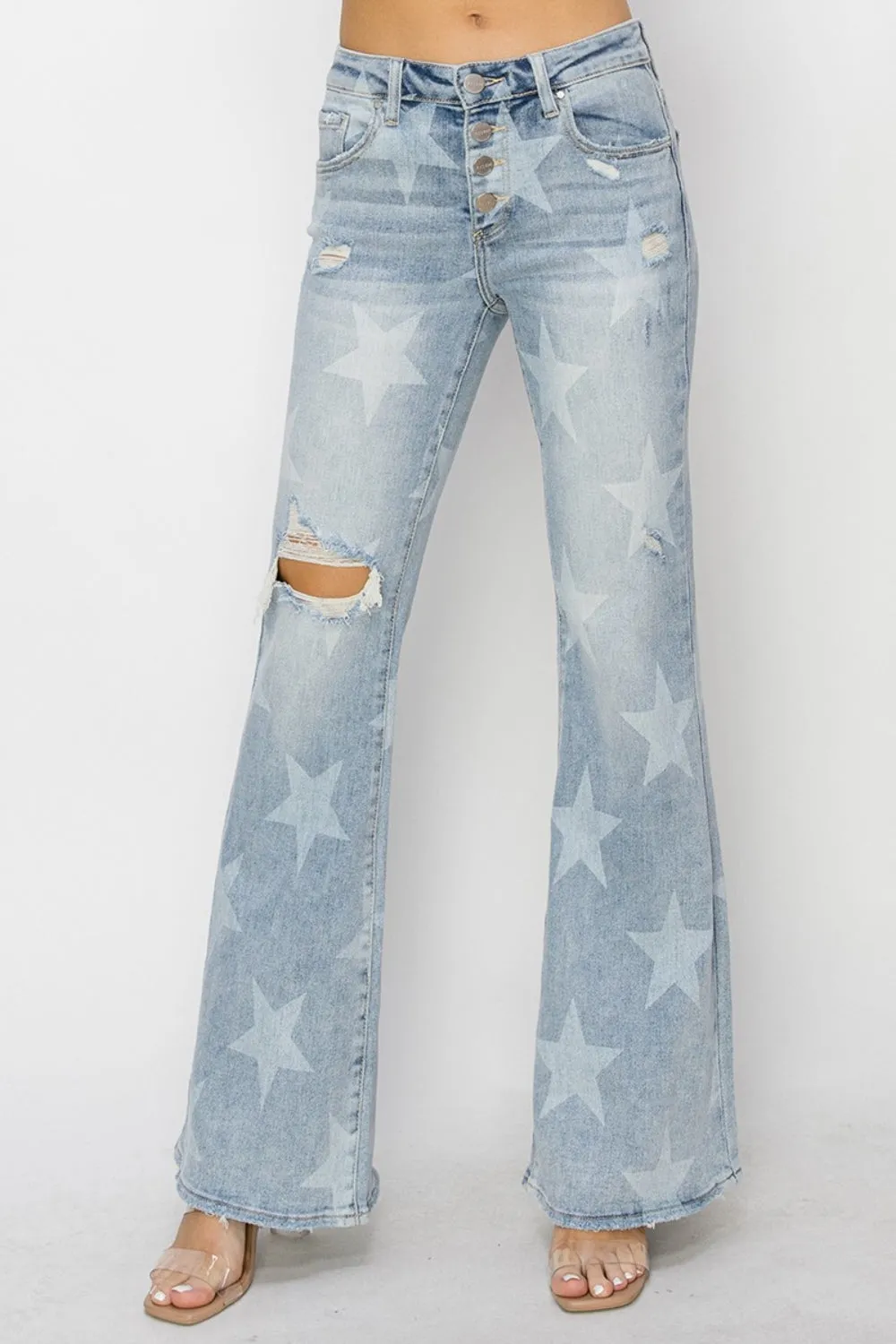 RISEN Mid Rise Button Fly Star Print Flare Jeans