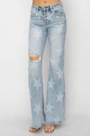 RISEN Mid Rise Button Fly Star Print Flare Jeans