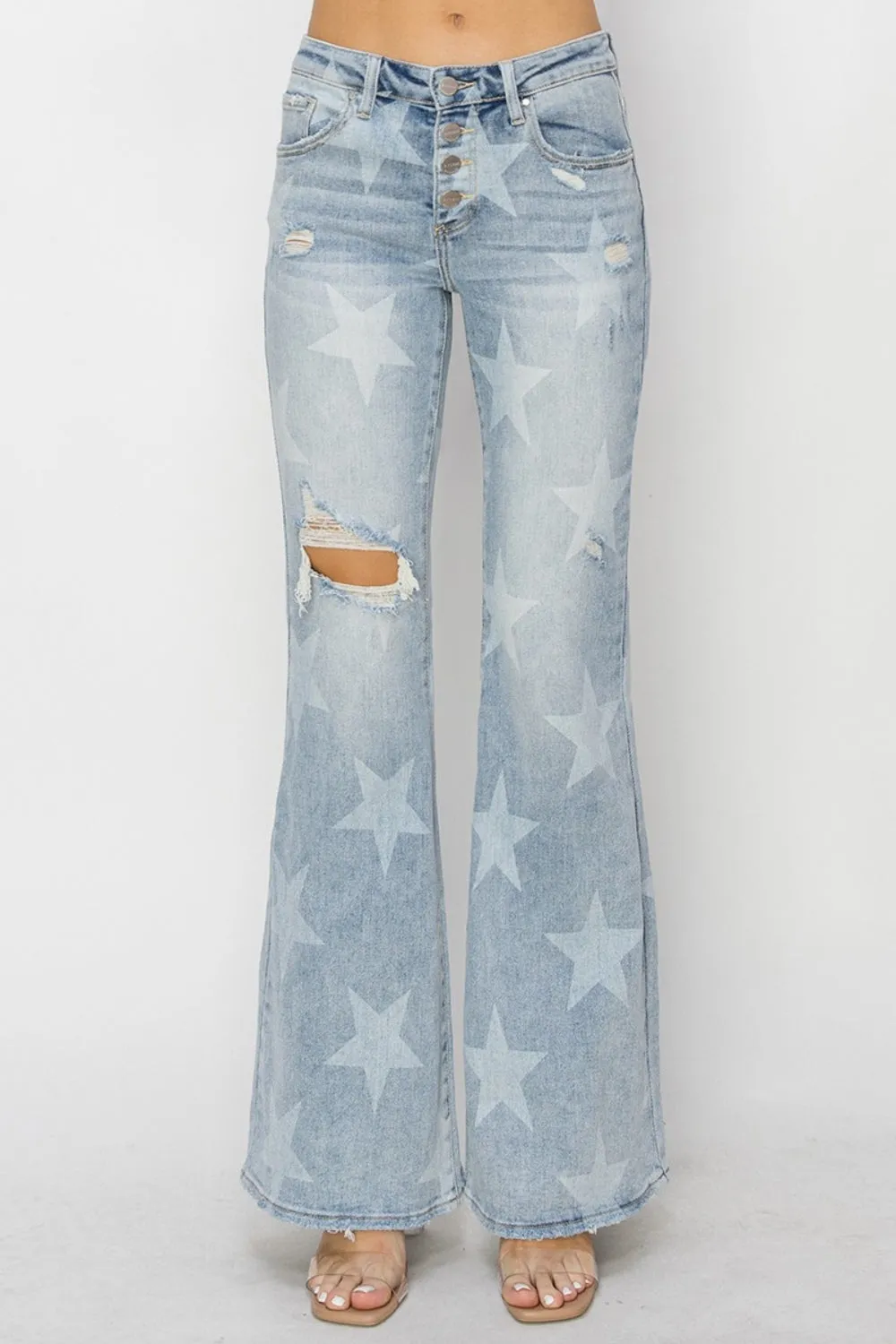RISEN Mid Rise Button Fly Star Print Flare Jeans