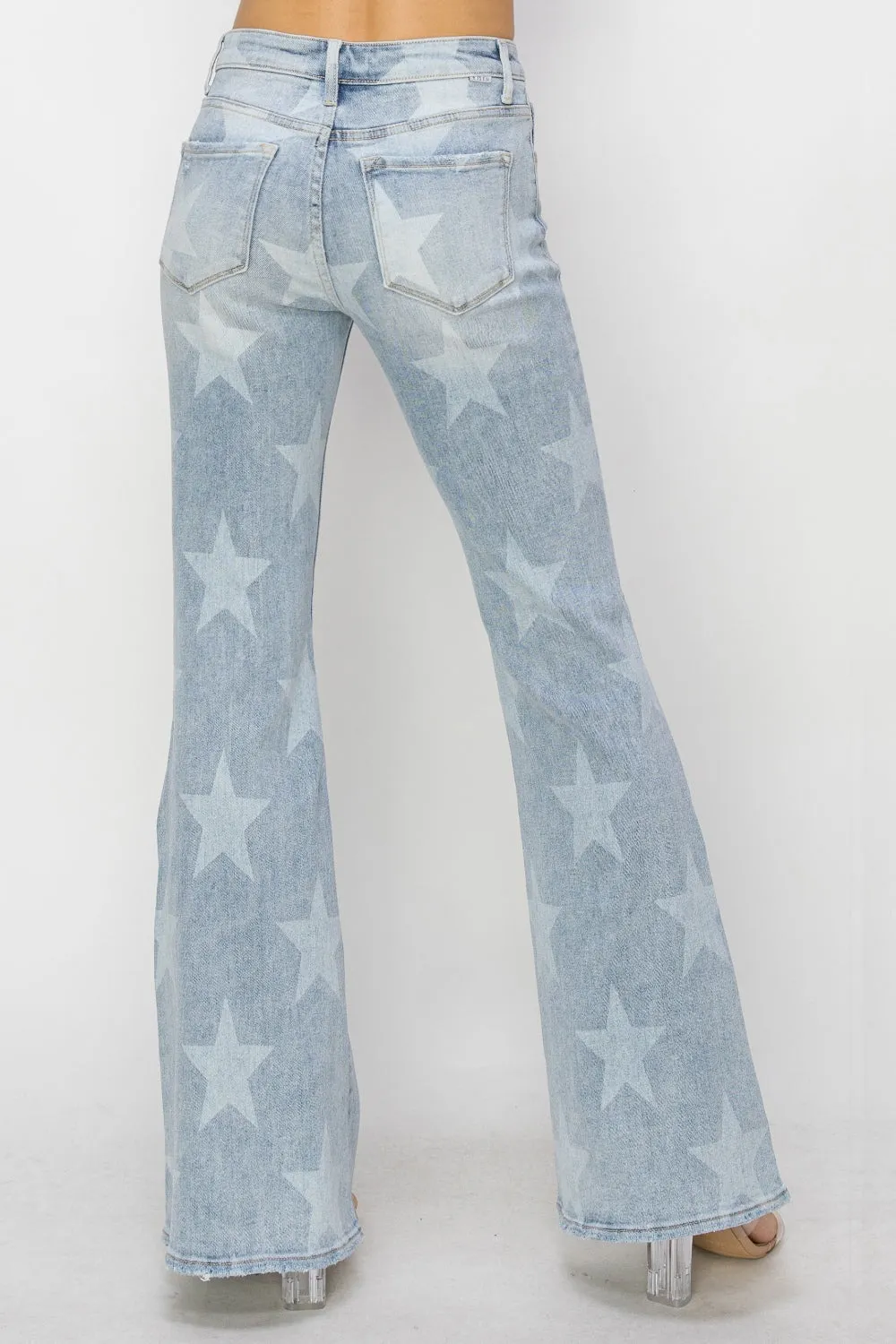 RISEN Mid Rise Button Fly Star Print Flare Jeans