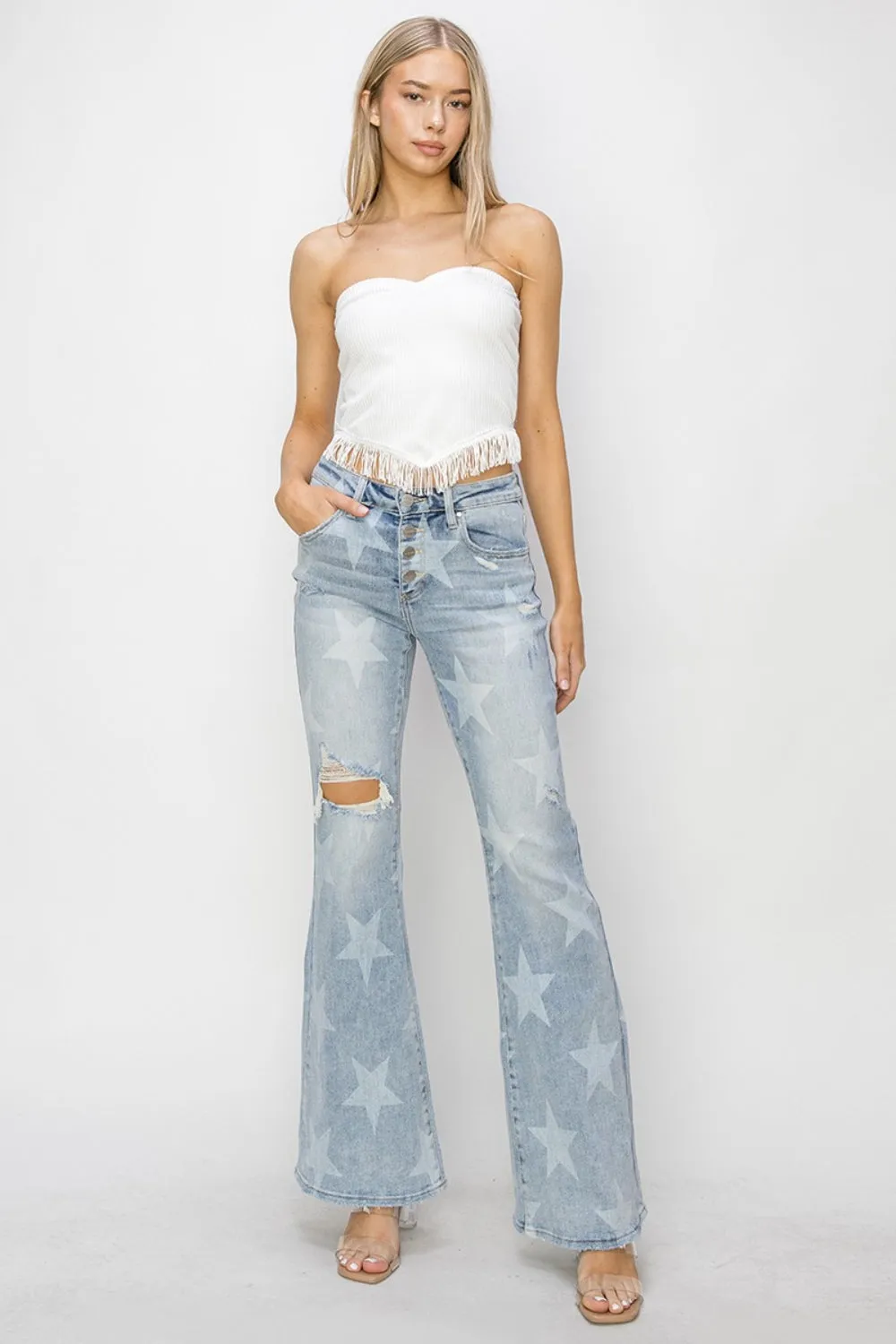 RISEN Mid Rise Button Fly Star Print Flare Jeans