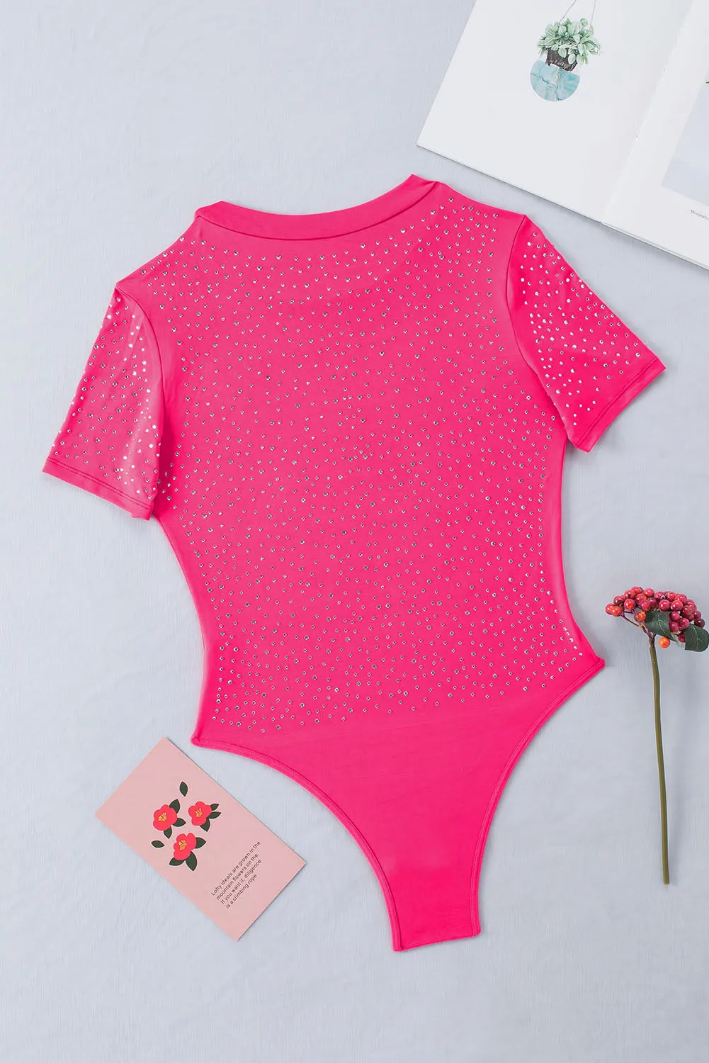 Rose Rhinestone All-over Round Neck Short Sleeve Bodysuit