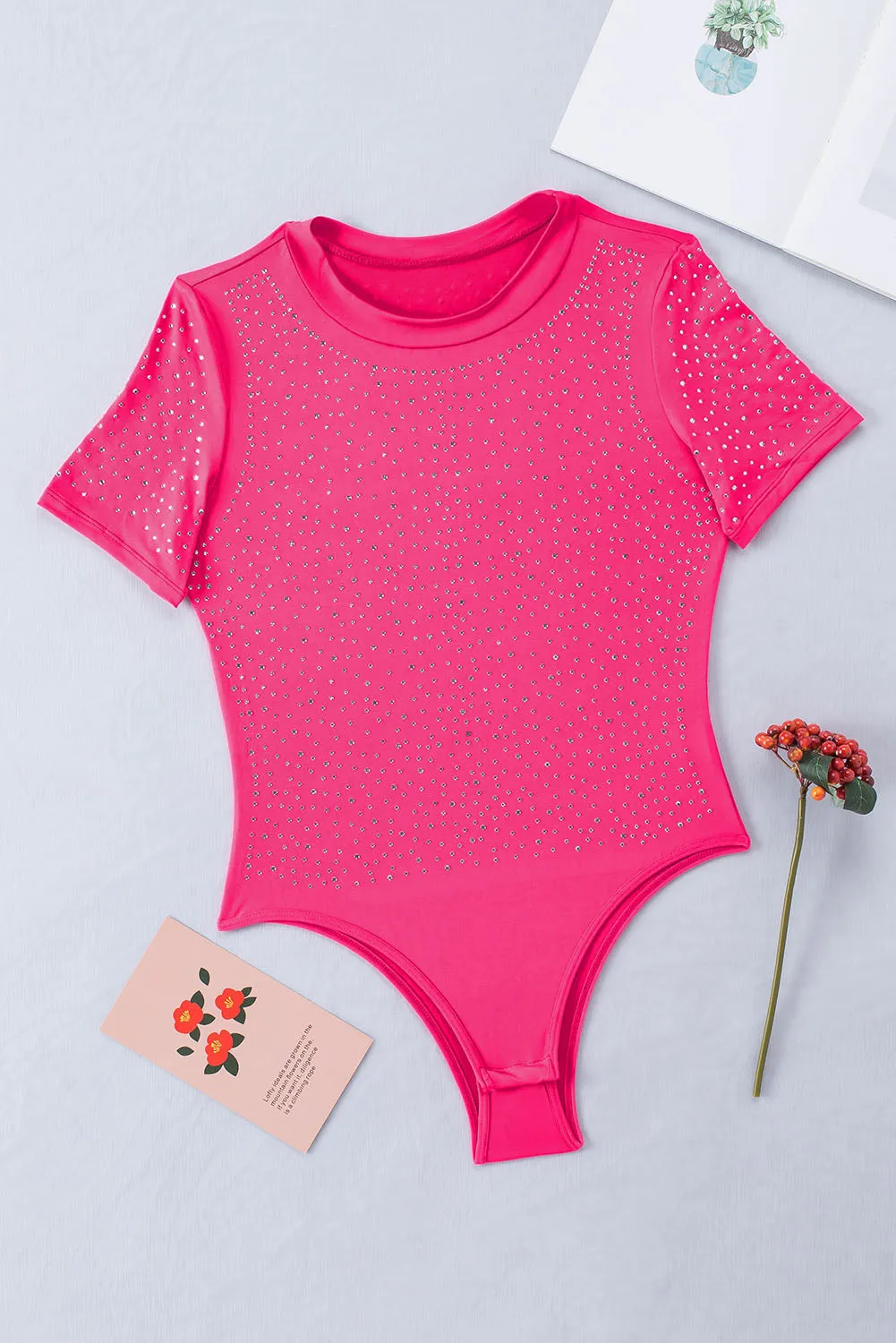 Rose Rhinestone All-over Round Neck Short Sleeve Bodysuit
