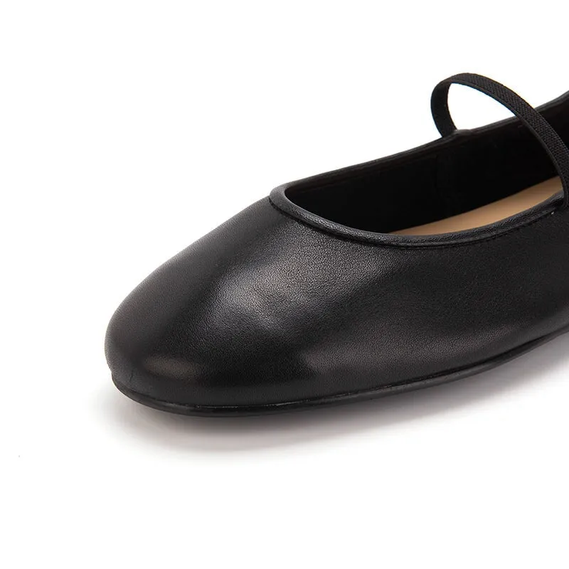 Round Toe Leather Mary Jane Shoes With Elastic Band in Black/Blue
