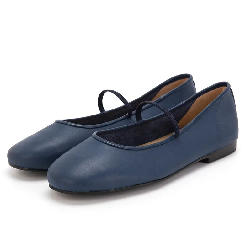 Round Toe Leather Mary Jane Shoes With Elastic Band in Black/Blue