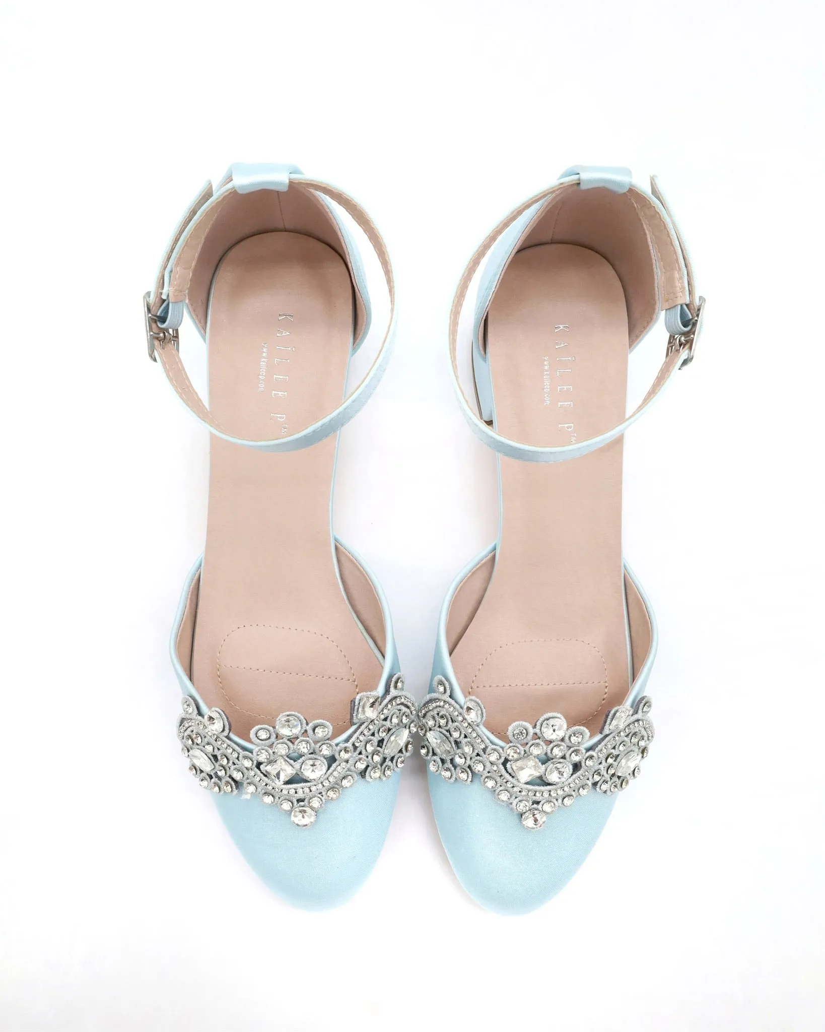 Round Toe Satin Block Heel with Small Rhinestones Applique