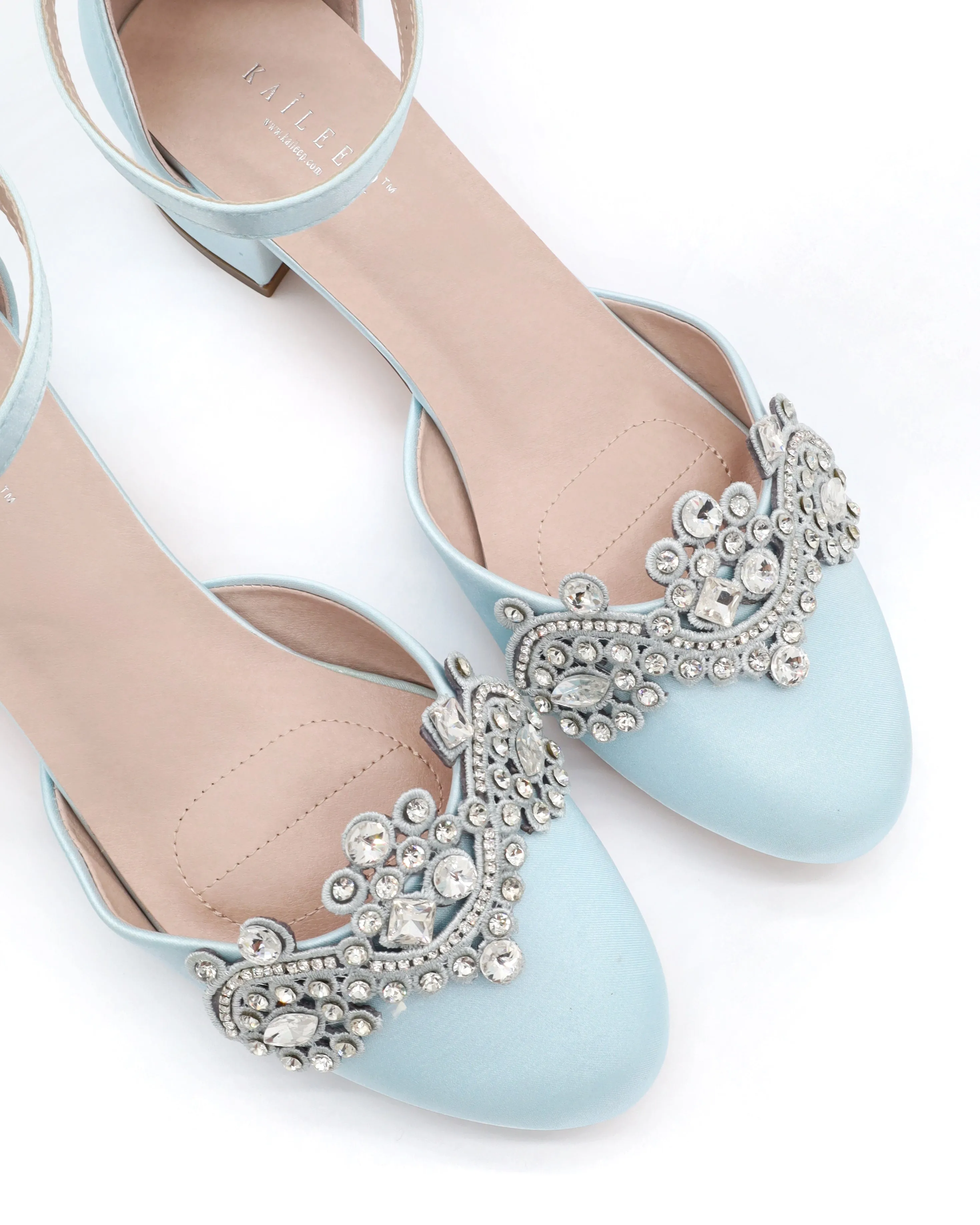 Round Toe Satin Block Heel with Small Rhinestones Applique