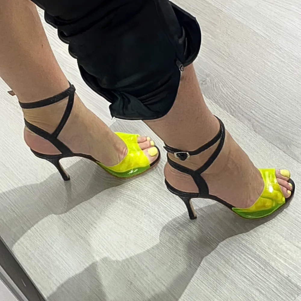 Rubi - Neon Green Acrylic and Black Leather Snake Tango Dance Shoes (Leather Sole)